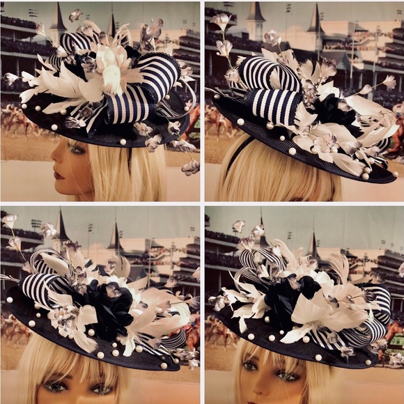 Accessories - Navy and White Striped Floral Fascinator Hat for Women
